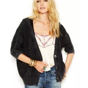 Free People Washed Out Hooded Cable Knit Cardigan Sweater Cropped Sleeve